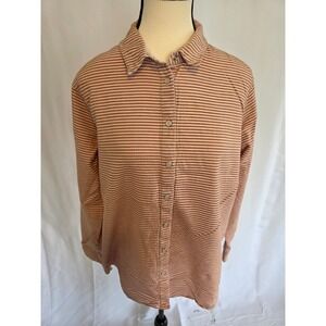 Lands End Striped Button Down Shirt Women L 14 16 Cotton Blend Casual Top‎